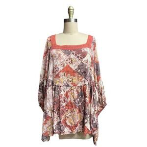 Maurices Plus 2X Boho Square Neck Floral Patchwork Pink Red Rayon Flowy Boho